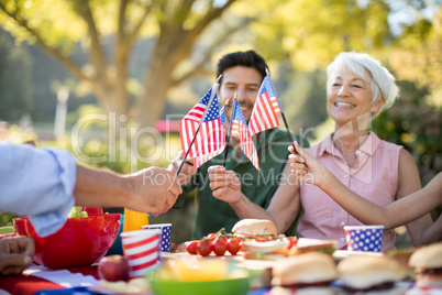 Family holding american flags while having meal in the park