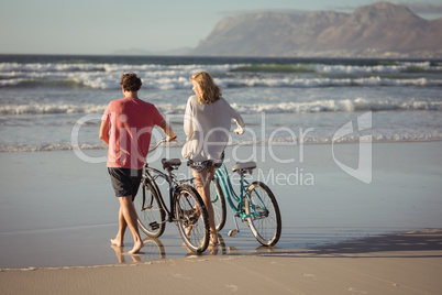 Rear view of couple with bicycles at beach