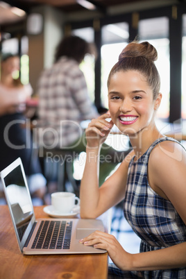 Portrait of beautiful woman using laptop in restaurant