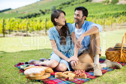 Cheerful couple sitting on picnic blanket