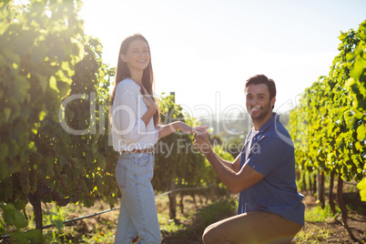 Portrait of young man proposing girlfriend at vineyard