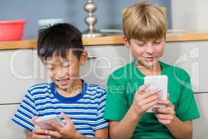 Happy siblings using mobile phone in living room