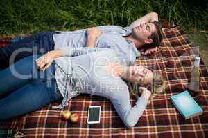 Young couple sleeping on blanket