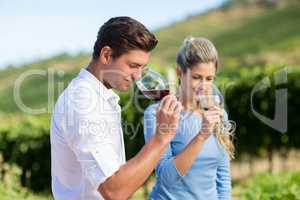 Young friends smelling wine in glasses