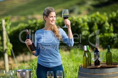 Smiling woman holding wineglass and bottle at vineyard