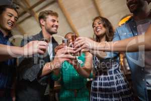 Friends toasting shot glasses in bar