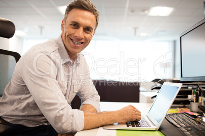 Portrait of smiling businessman using laptop while sitting in office