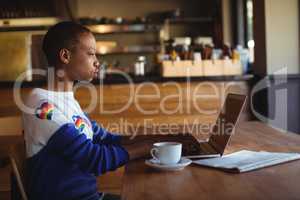 Attentive woman using laptop while having coffee