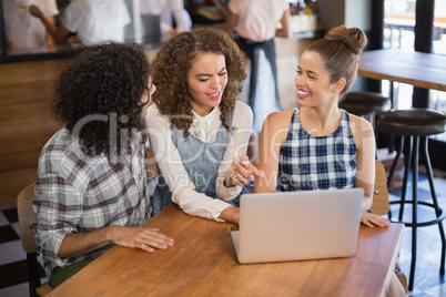 Cheerful friends using laptop while sitting in restaurant