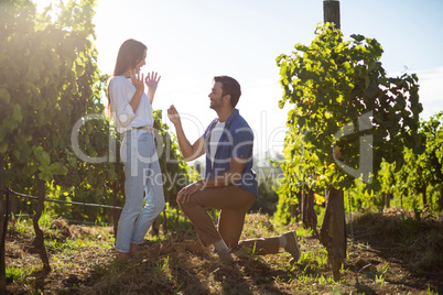 Young man proposing girlfriend at vineyard