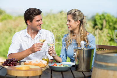 Smiling friends toasting wineglasses at table