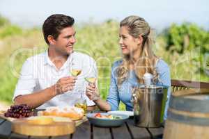 Smiling friends toasting wineglasses at table