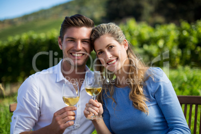 Portrait of smiling couple holding wineglasses at vineyard
