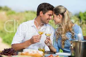 Smiling couple toasting wineglasses at table