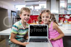 Smiling siblings holding laptop in kitchen