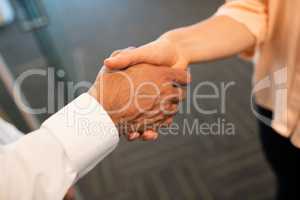 Colleagues shaking hands in office