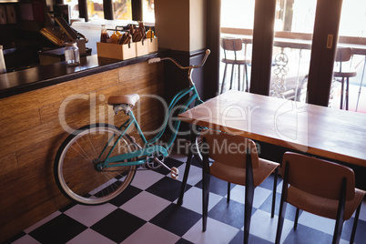 Bicycle at counter in restaurant
