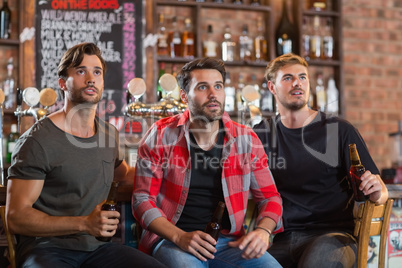 Shocked male friends looking away while holding beer bottles
