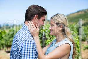 Young couple looking at each other in vineyard