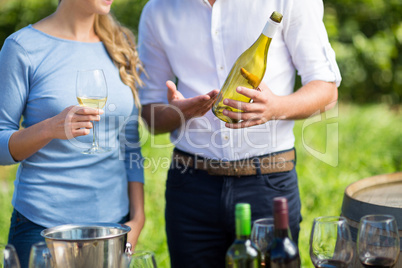 Mid section of man showing wine bottle