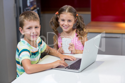 Smiling siblings using laptop in kitchen