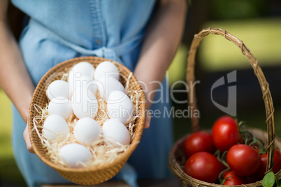 Mid section of woman holding eggs by tomatoes