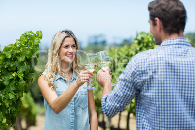 Happy couple looking at each other while toasting wineglasses