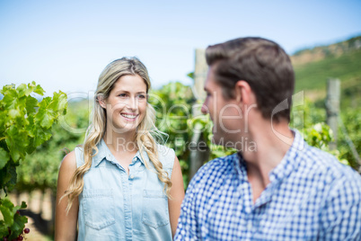 Smiling woman looking at man in vineyard