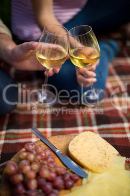 Couple toasting wineglasses by grapes and cheese on picnic blanket