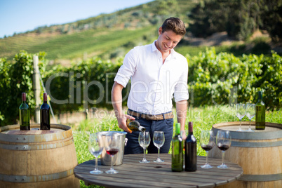 Smiling man pouring wine in glass on table