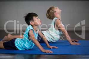 Siblings doing stretching exercise