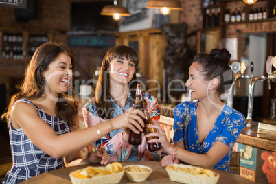 Happy female friends holding toasting beer bottles