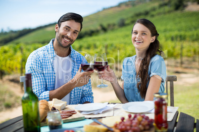 Portrait of smiling couple toasting red wine glasses while sitting at table