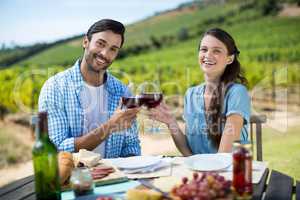 Portrait of smiling couple toasting red wine glasses while sitting at table