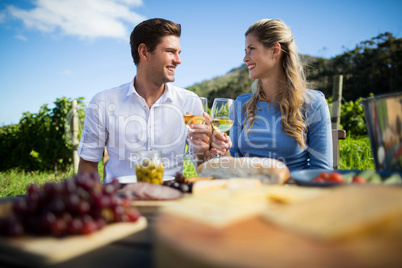 Happy couple looking at each other while holding wineglasses at vineyard