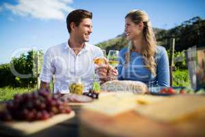 Happy couple looking at each other while holding wineglasses at vineyard