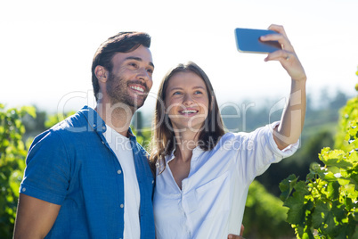 Smiling young couple taking selfie at vineyard