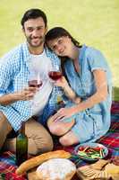 High angle portrait of smiling couple holding wineglasses