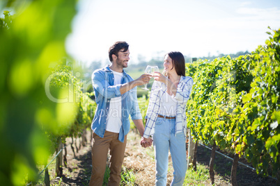 Couple with holding hands toasting wineglasses