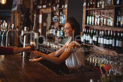 Female bar tender giving glass of beer to customer
