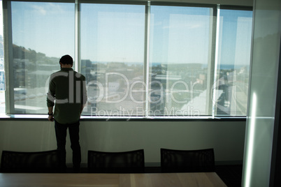 Rear view of businessman standing by window in meeting room