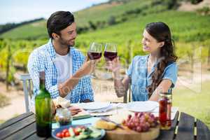 Smiling couple toasting red wine glasses while sitting at table