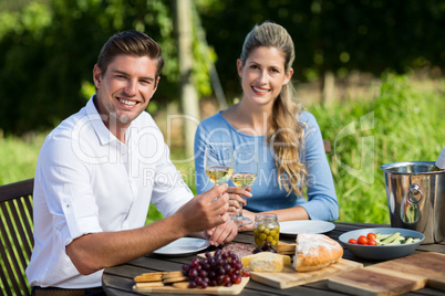 Portrait of smiling friends holding wineglasses at table Portrait of smiling friends holding wineglasses at table