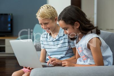 Smiling siblings using laptop in living room