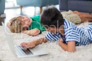 Siblings interacting with each other while using laptop