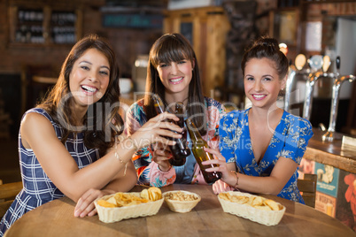 Female friends toasting beer bottles in bar