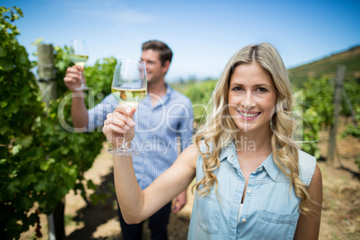 Smiling young woman holding wineglass at vineyard
