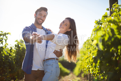Portrait of young couple dancing at vineyard