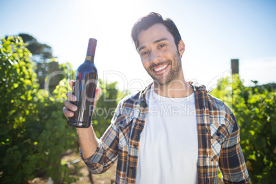 Portrait of man holding wine bottle at vineyard