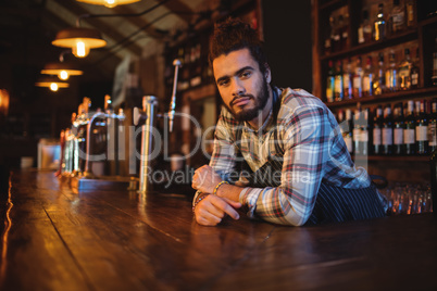 Portrait of waiter leaning at counterÃ?Â 